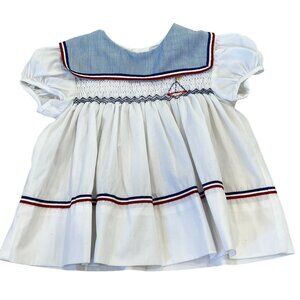 Polly Flinders Vintage 12 Months Red White Blue Sailboat Smocked Dress